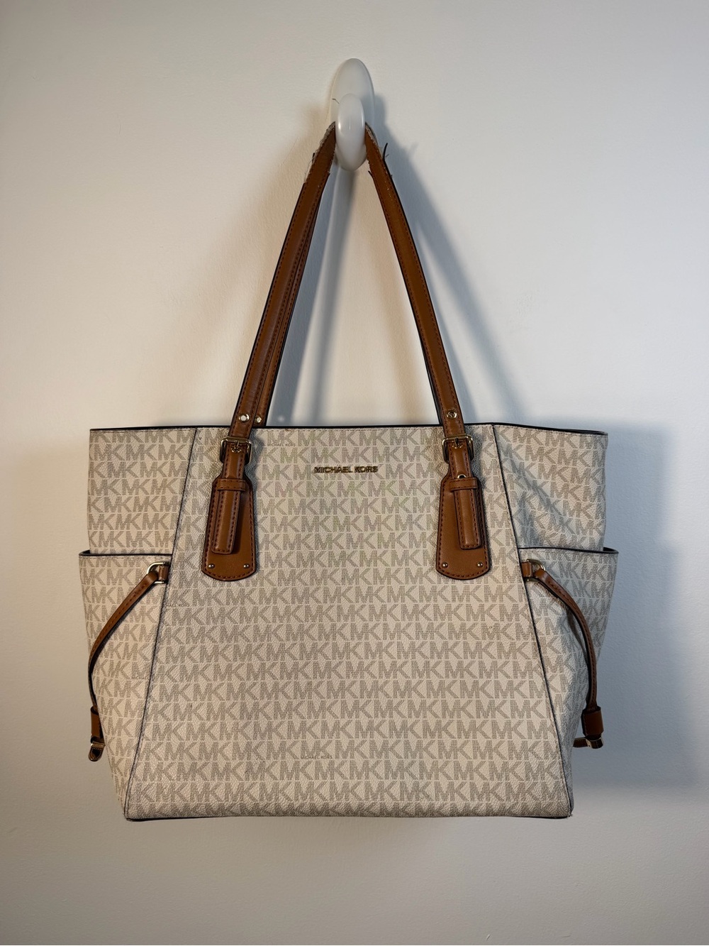 Michael Kors MK Beige Signature Tote with Brown Trim Large purse vanilla logo